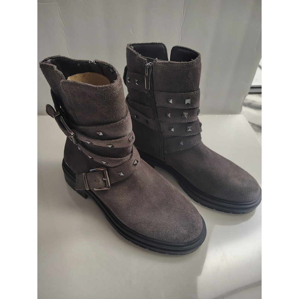 Vince Camuto Grey Suede Studded Moto Boots Lug Sole Ankle Booties 6.5M